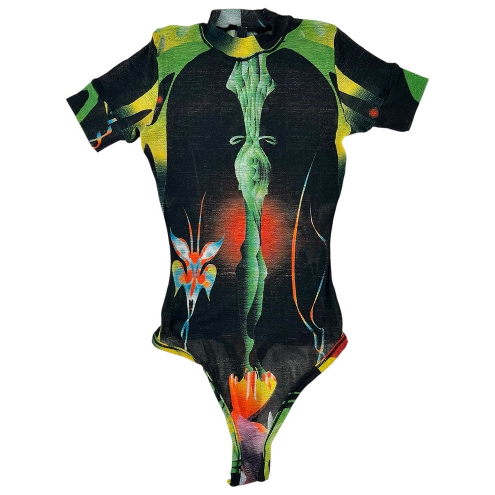 SKIMS Summer Mesh Collection Black Printed Bodycon Short Sleeve Bodysuit sz S - Picture 2 of 9